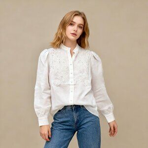 NWOT Marciano Guess Embroidered Linen Blend Shirt Puff Sleeve Cream XXS like S-M